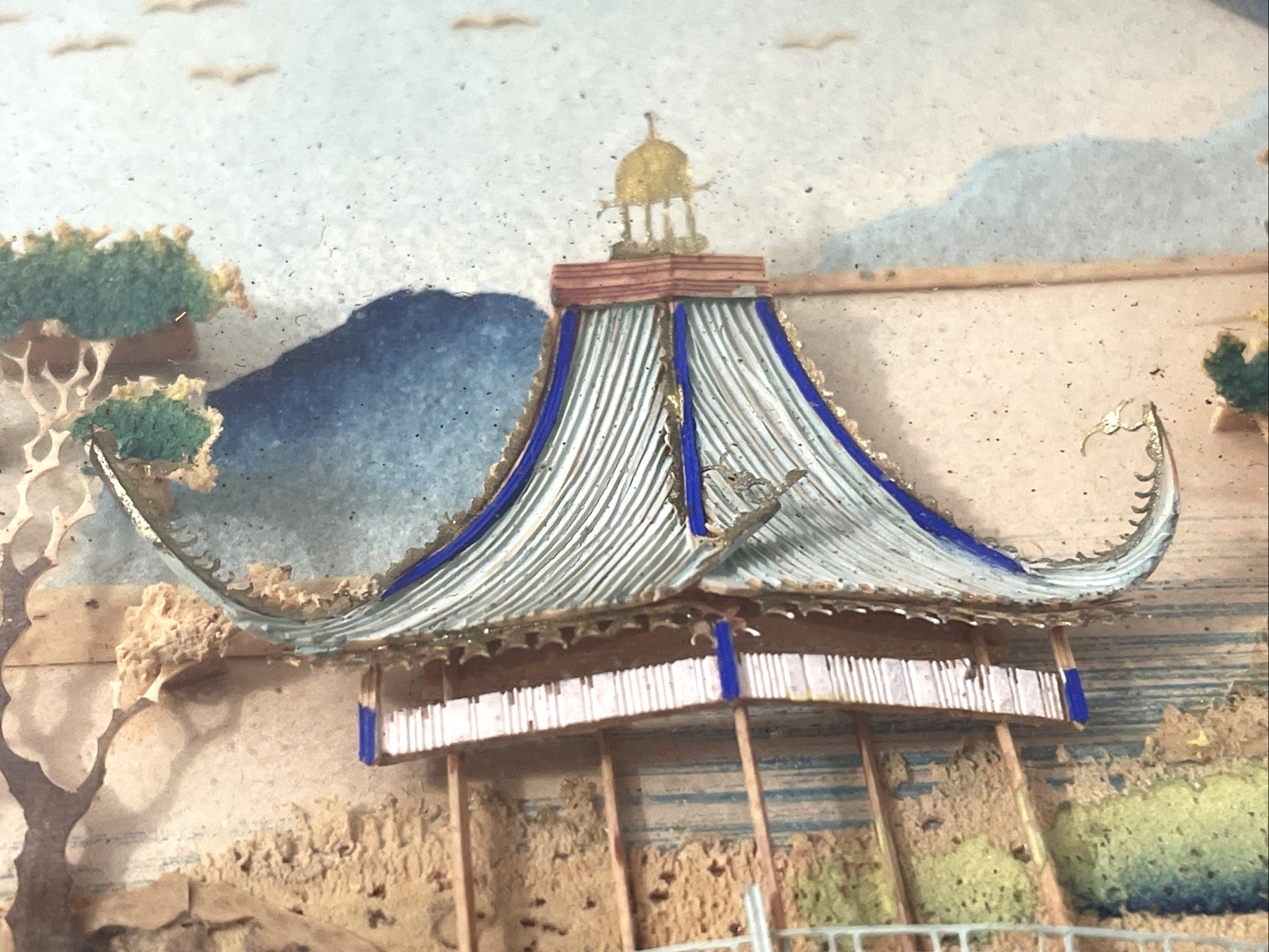 Vintage Chinese Cork Diorama Shadowbox Landscape Gold Frame 10×10” AS IS