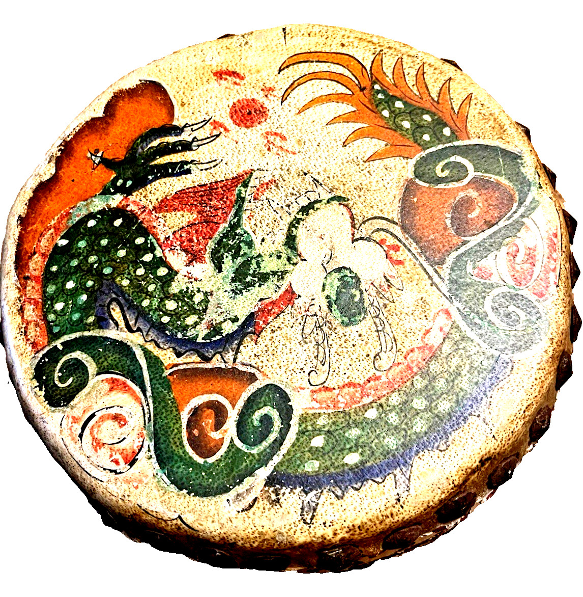 Asian Drum Hand Painted Dragon Double Sided Leather Head. 11.5” Vintage