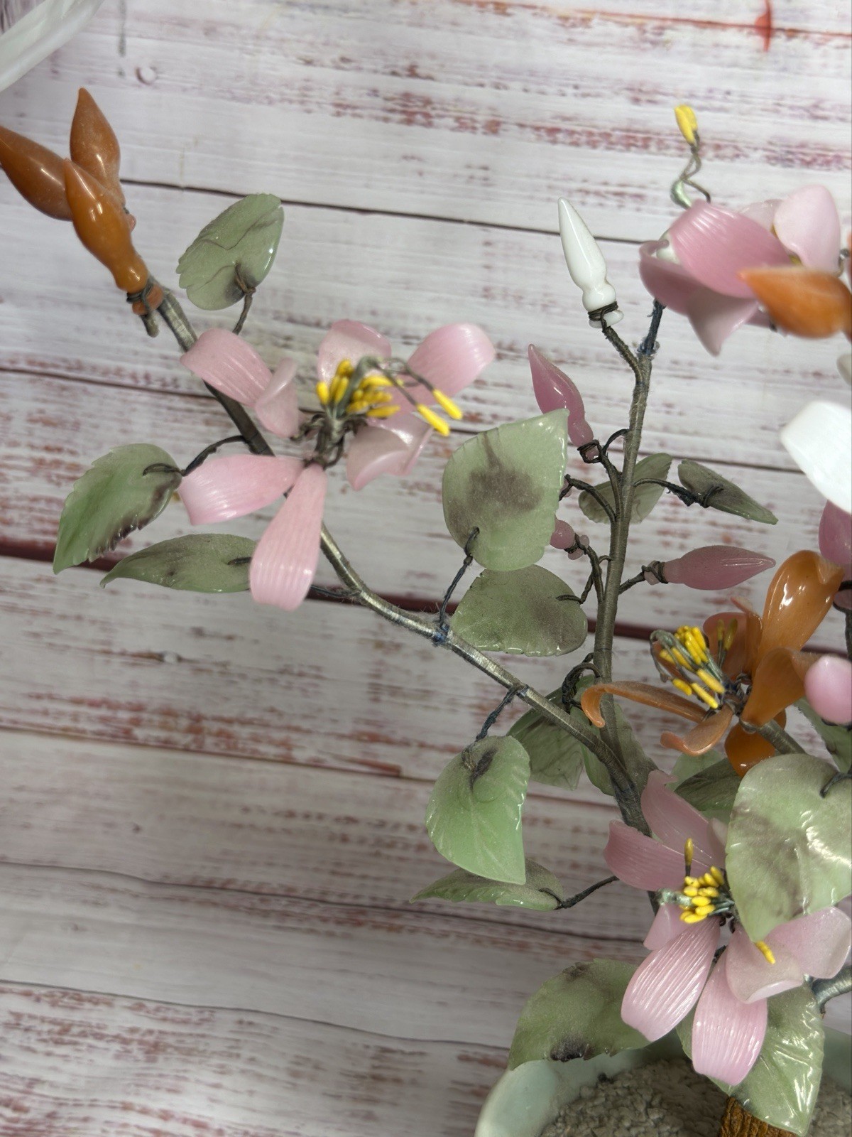 Vintage Japanese Chinese Asian Jade Glass Flowering Bonsai Tree 16”x12” Wide