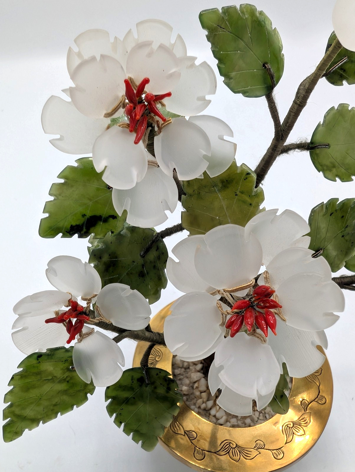 Bonsai Tree Sculpture 8 inch Semi Precious Stones Jade Brass Pot Hong Kong