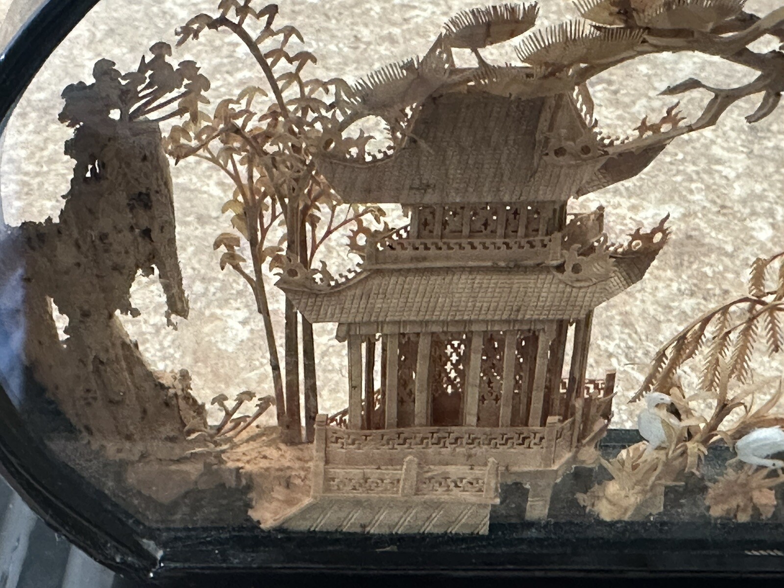 VINTAGE CHINESE DIORAMA CORK CARVING GLASS CASE PAGODA TREES & CRANES