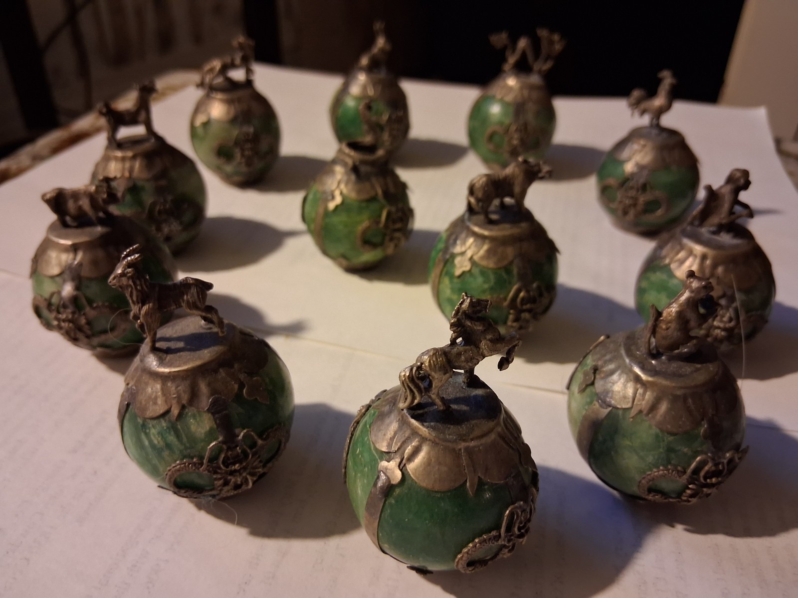 12 Decorative Silver Designed Wrapped Green Jade Balls with Chinese Zodiac Signs