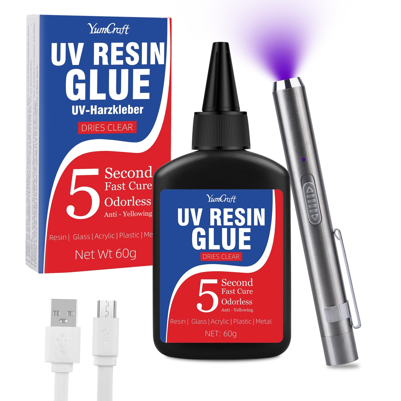 UV Resin Kit with Light 60g UV Glue with Rechargeable Light 5 Second Fast Cur.