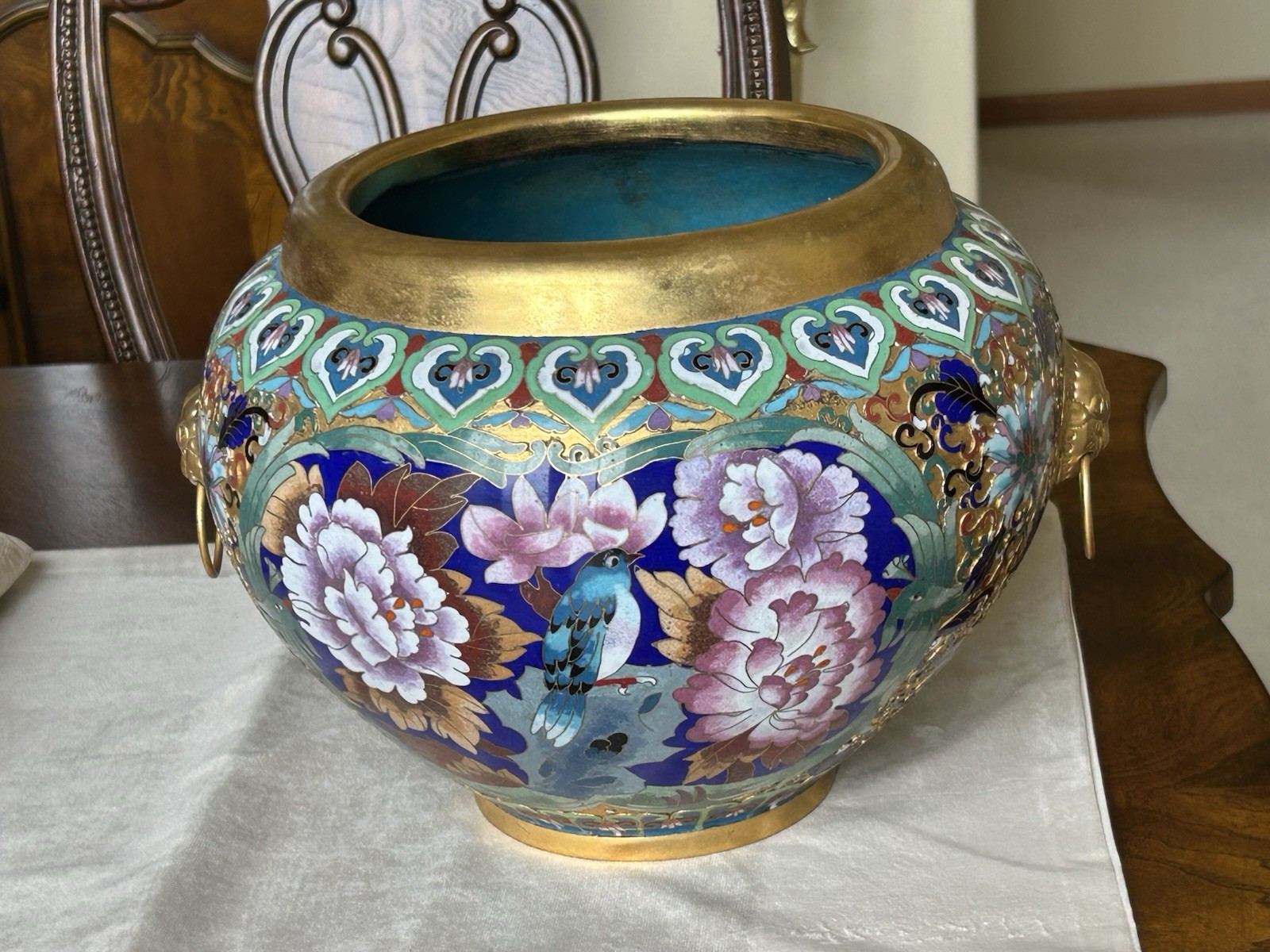 Chinese Cloisonné Planter Flower Pot Peonies Birds Lion Head Accent Brass