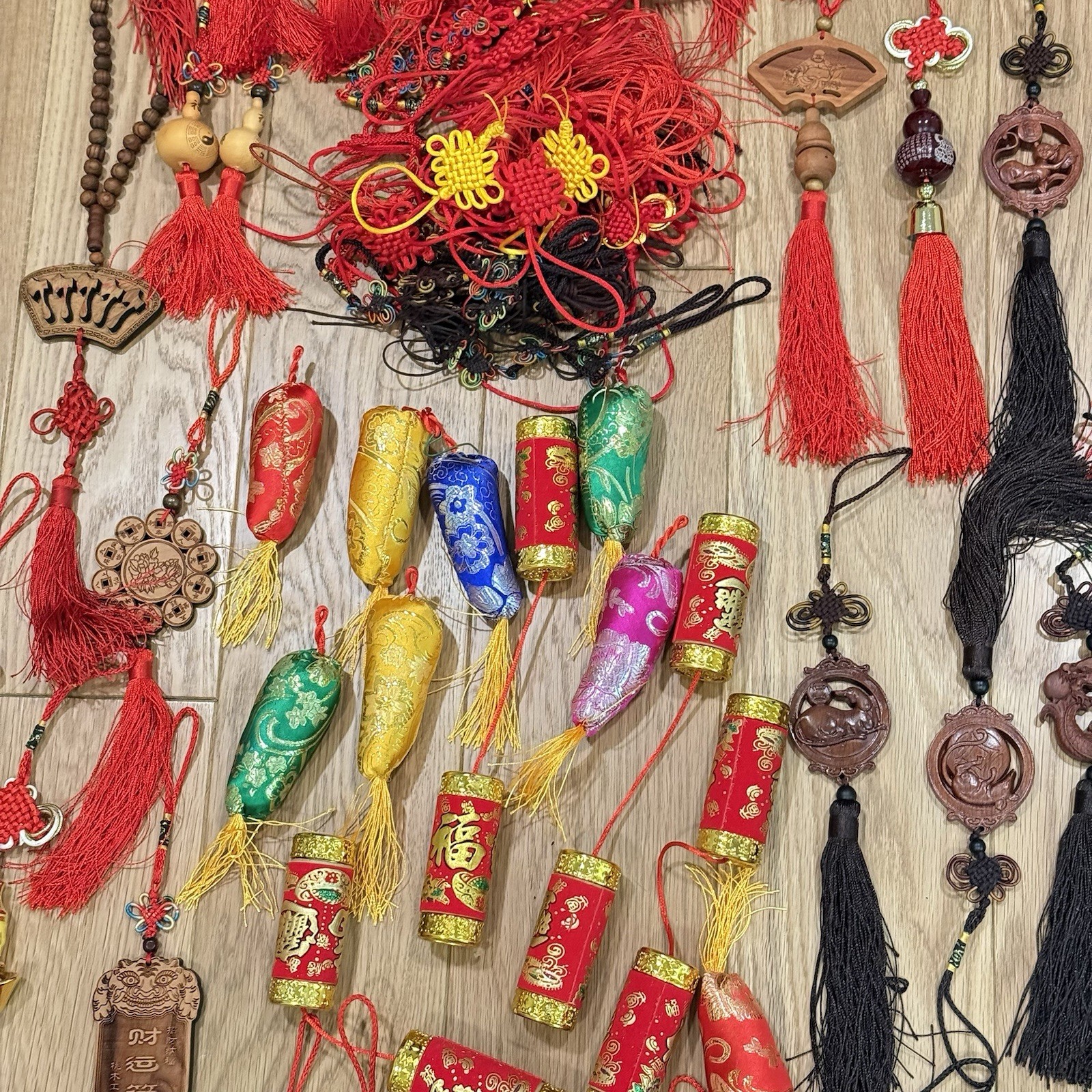 LOT OF Chinese Asian Good Luck Wall Hanging Wood Carve Porcelain Ornament Tassel