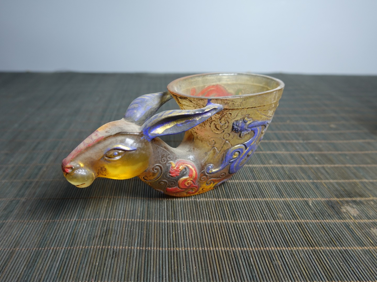 5.5″ Collect China Coloured Glaze Painted Cloud Dragons Rabbit-head Holding Cup
