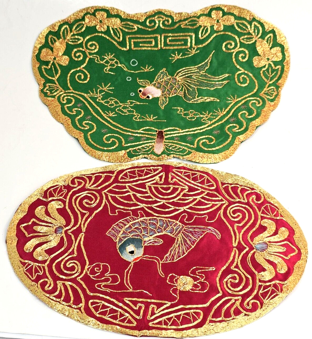 2-VTG Golden Cloud Chinese Hand Embroidered Gold Thread Silk Fish Doily Mats