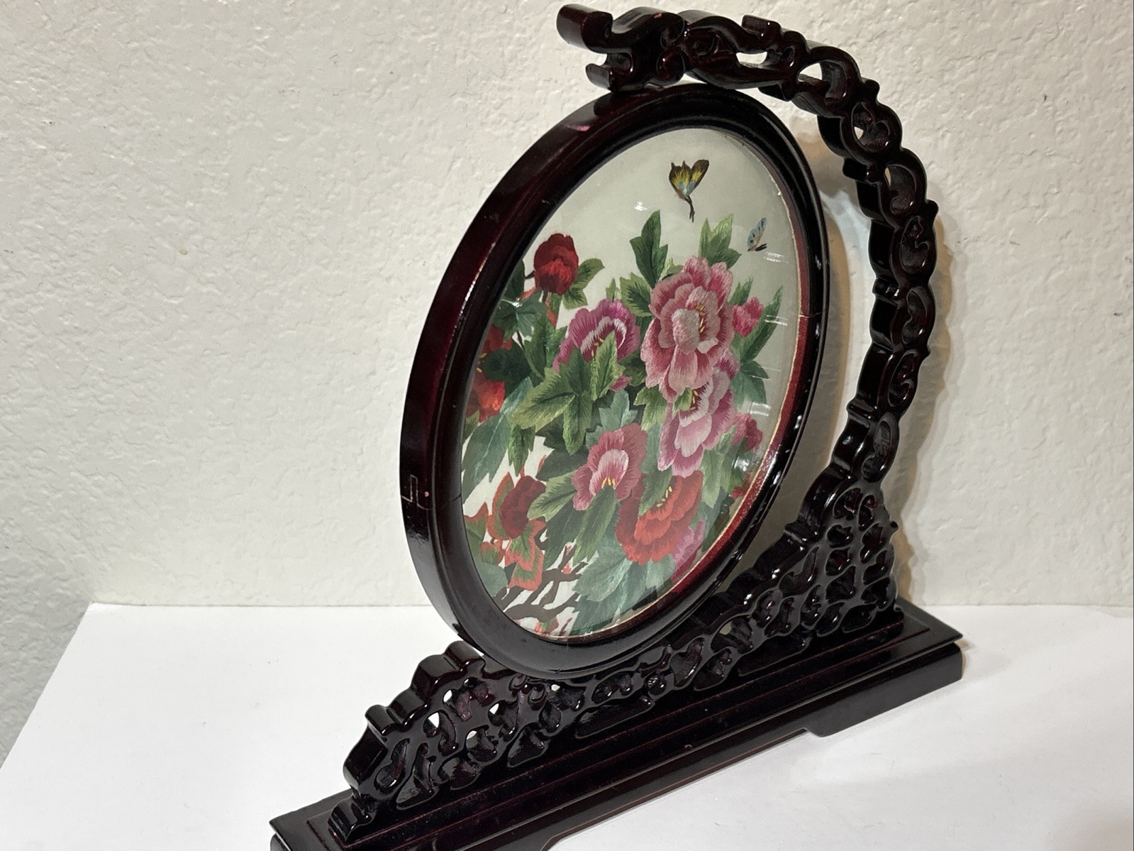 Chinese Double Sided Silk Embroidery Flowers 12″ Carved Wood Stand Peonies (d1)