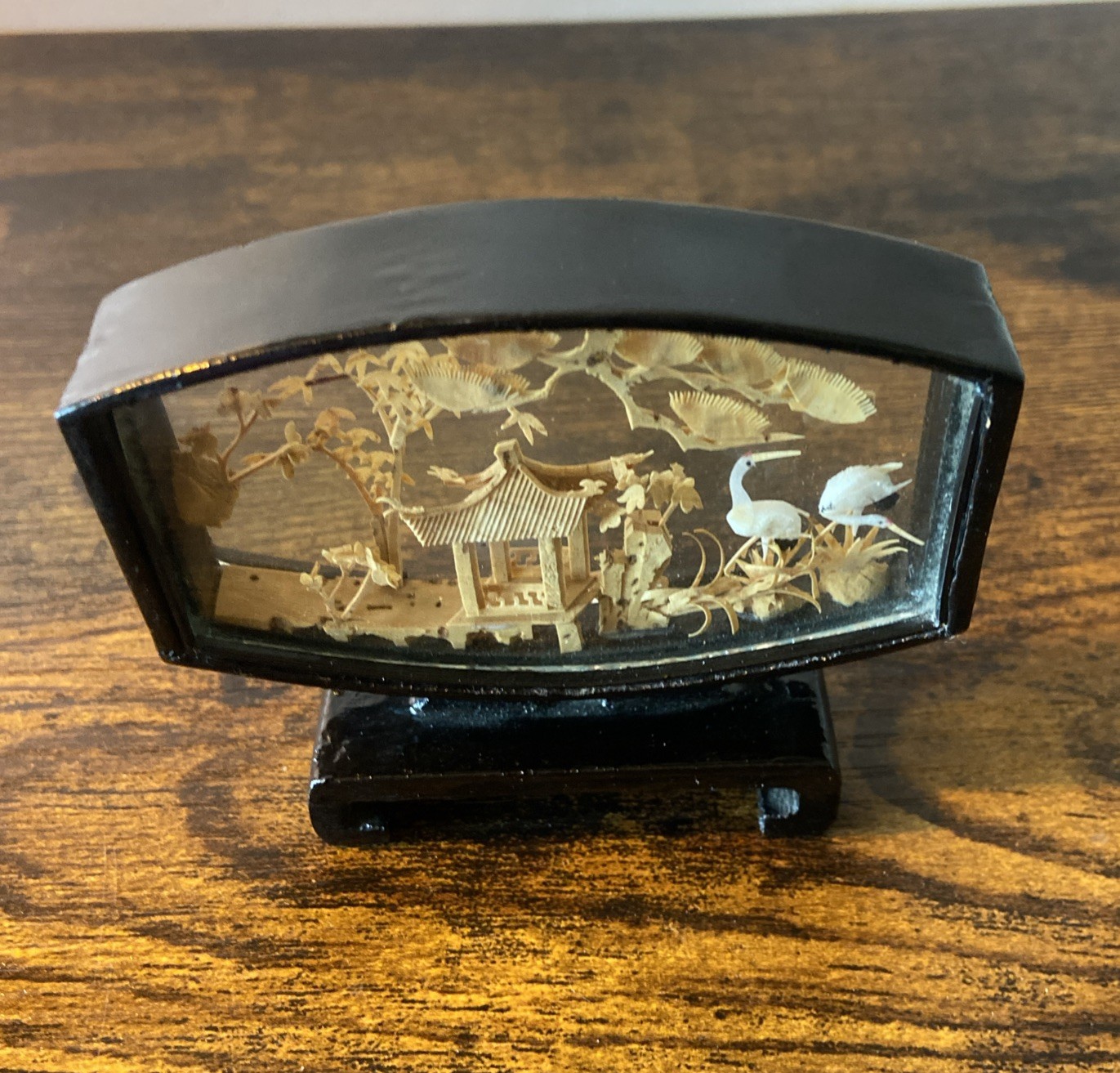 Carved Cork Chinese Art Diorama with Cranes Pagoda & Trees Black Lacquer Vintage