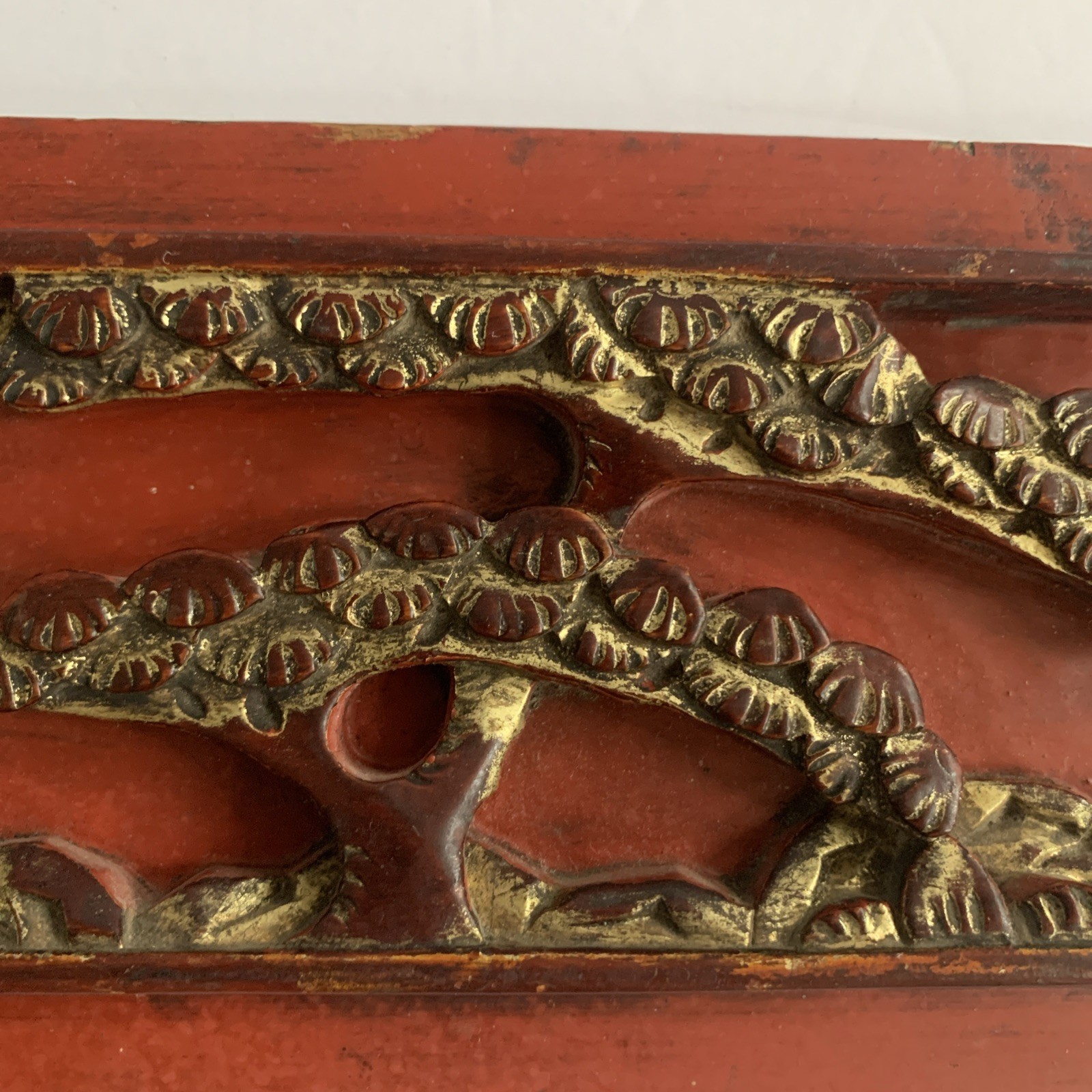 Chinoserie Hand Carved Wood Red Gilded 3D Relief Pagoda People Tree Garden Panel