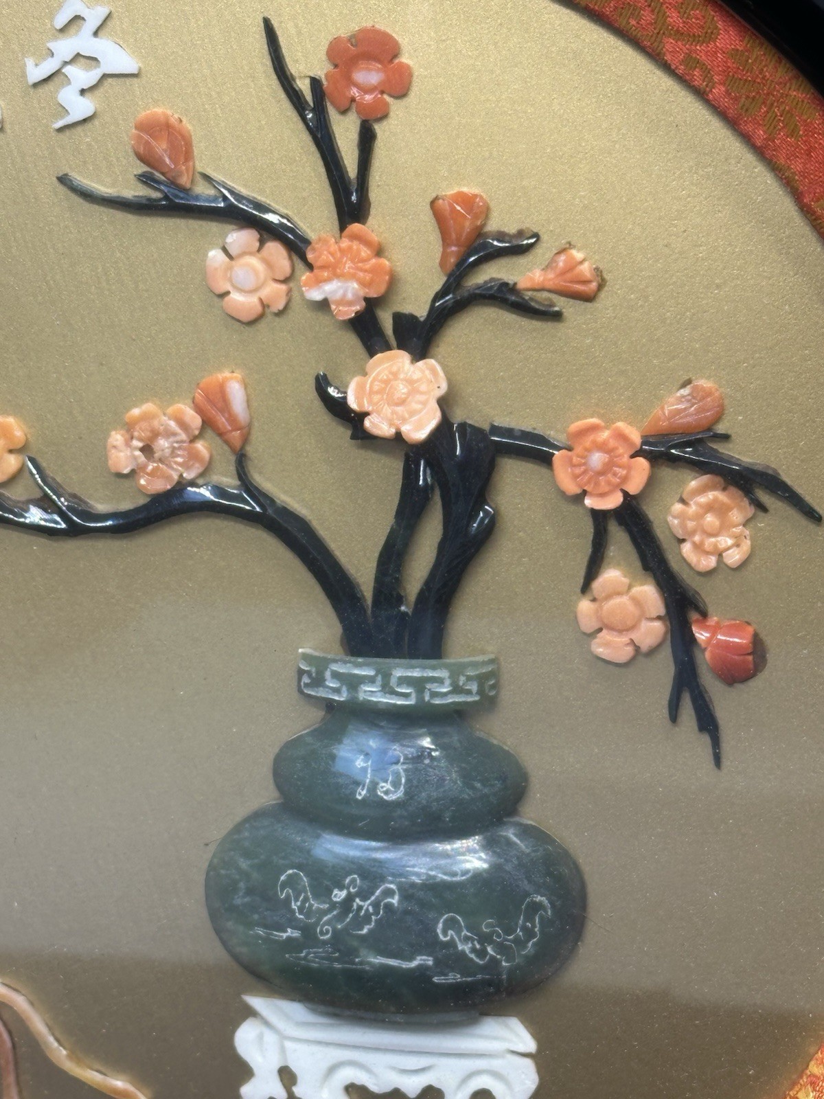 Chinese Black Lacquered Wood Frame, Carved Stone Faux Jade Coral Flowers Bonsai