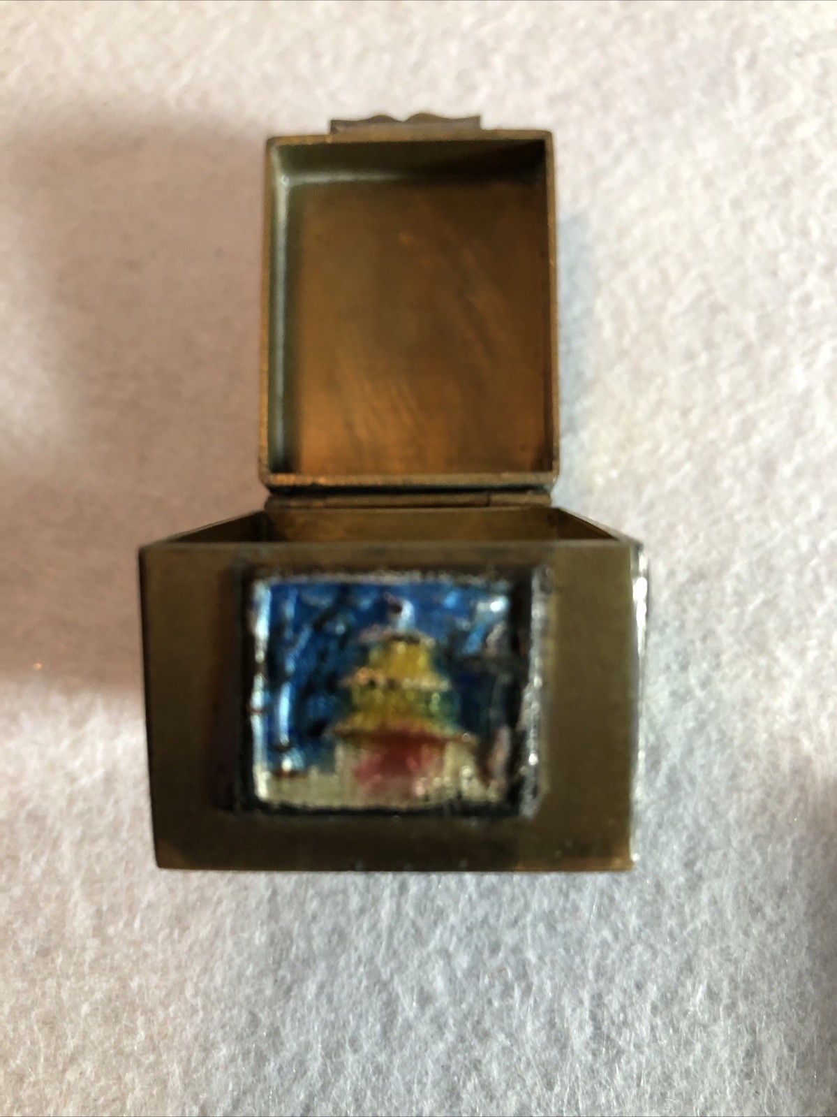 Chinese Brass Enamel Temple Stamp Box Vintage Antique