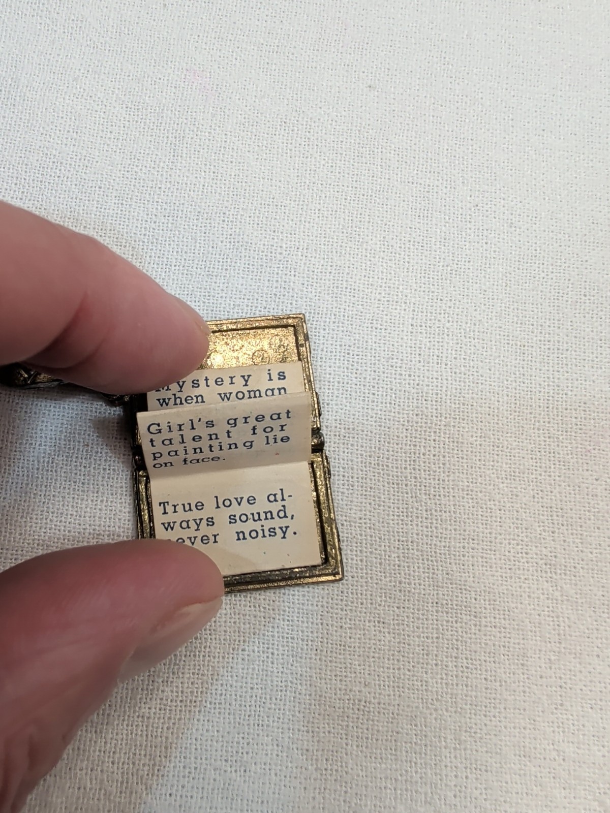 Vintage Confucius Book Charm Hanging Locket Brooch Pin Antiqued Brass-Tone Metal