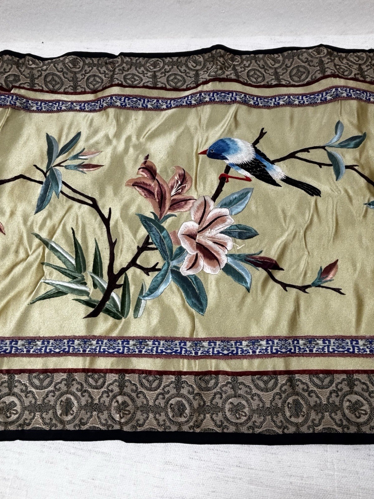 Vintage Dun Huang Chinese Silk Embroidery Bird & Flowers Wall Hanging 12×24