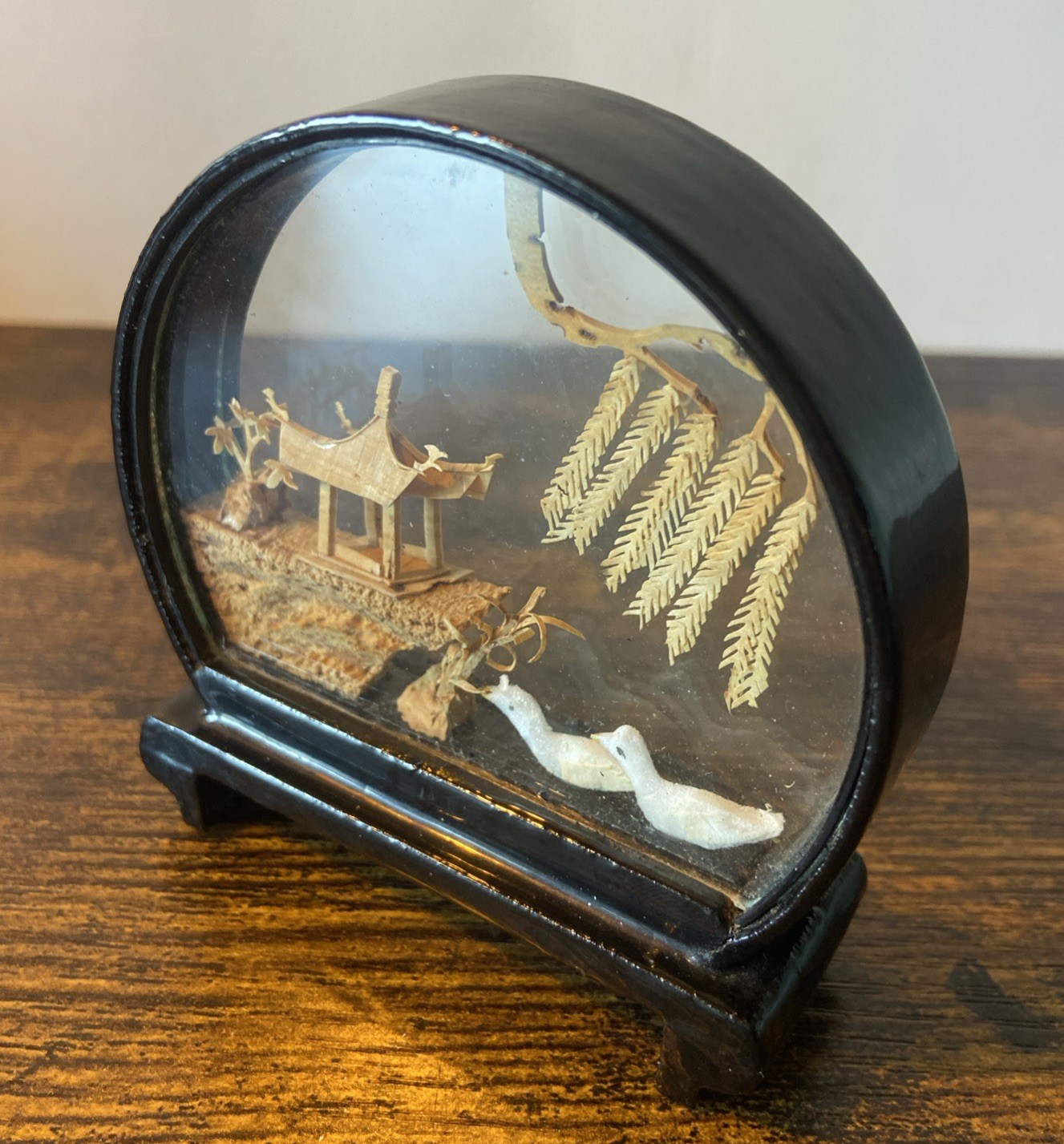 Carved Cork Chinese Art Diorama with Cranes Pagoda & Trees Black Lacquer Vintage
