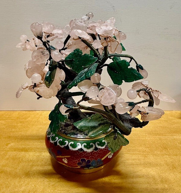 Chinese Quartz & Jade Flower Tree in Cloisonne Pot Vintage Bonzai for good luck