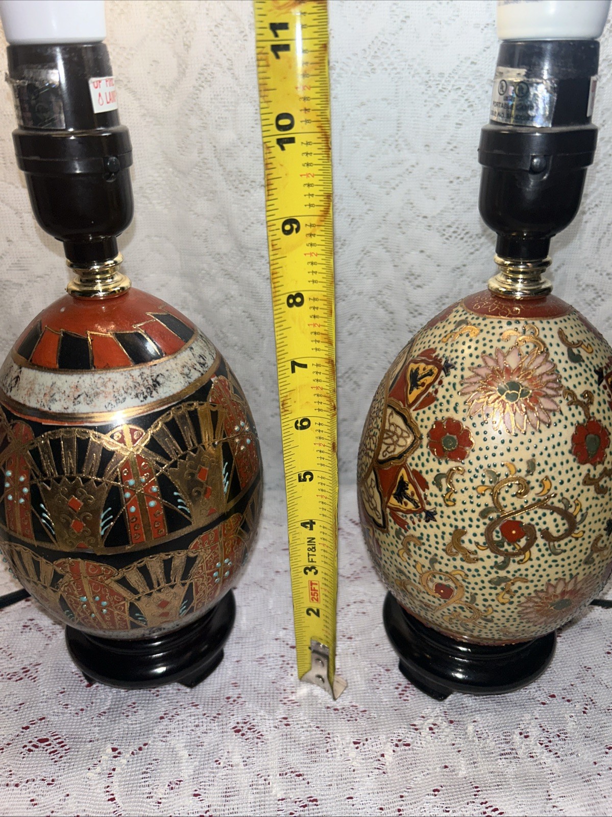 Vintage Chinese Cloisonné Ceramic Hand Painted Egg Lamps With Wood Stand