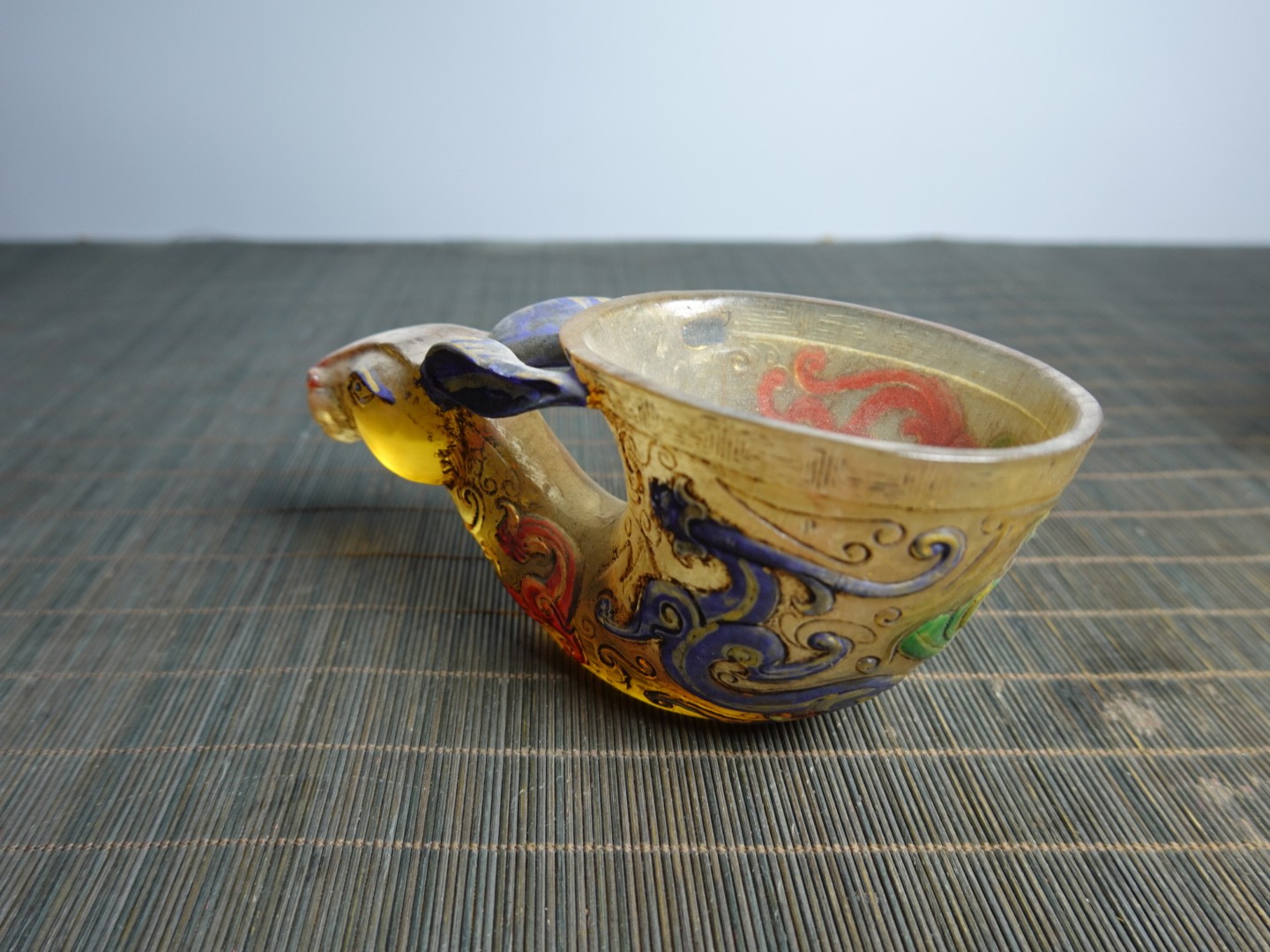 5.5″ Collect China Coloured Glaze Painted Cloud Dragons Rabbit-head Holding Cup