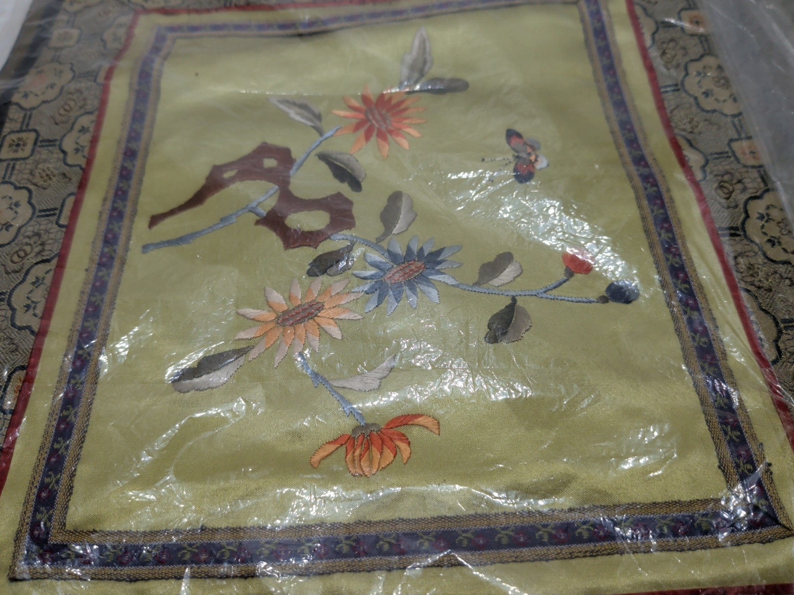 ✨VINTAGE✨ Set Of 2 CHINA SILK EMBROIDERED PANELS BIRD BUTTERFLY & Flower SQUARE