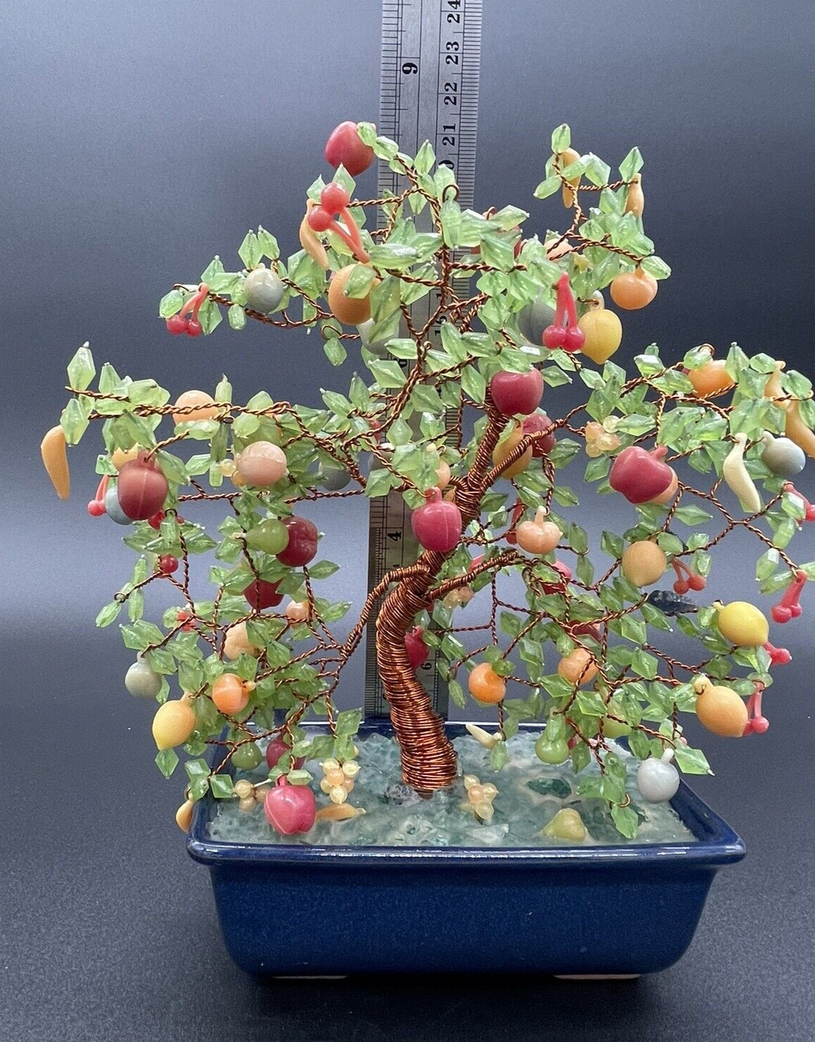VTG Japanese Glass (? Acrylic) Fruit Bonsai Tree Copper Wire Apple Banana Cherry