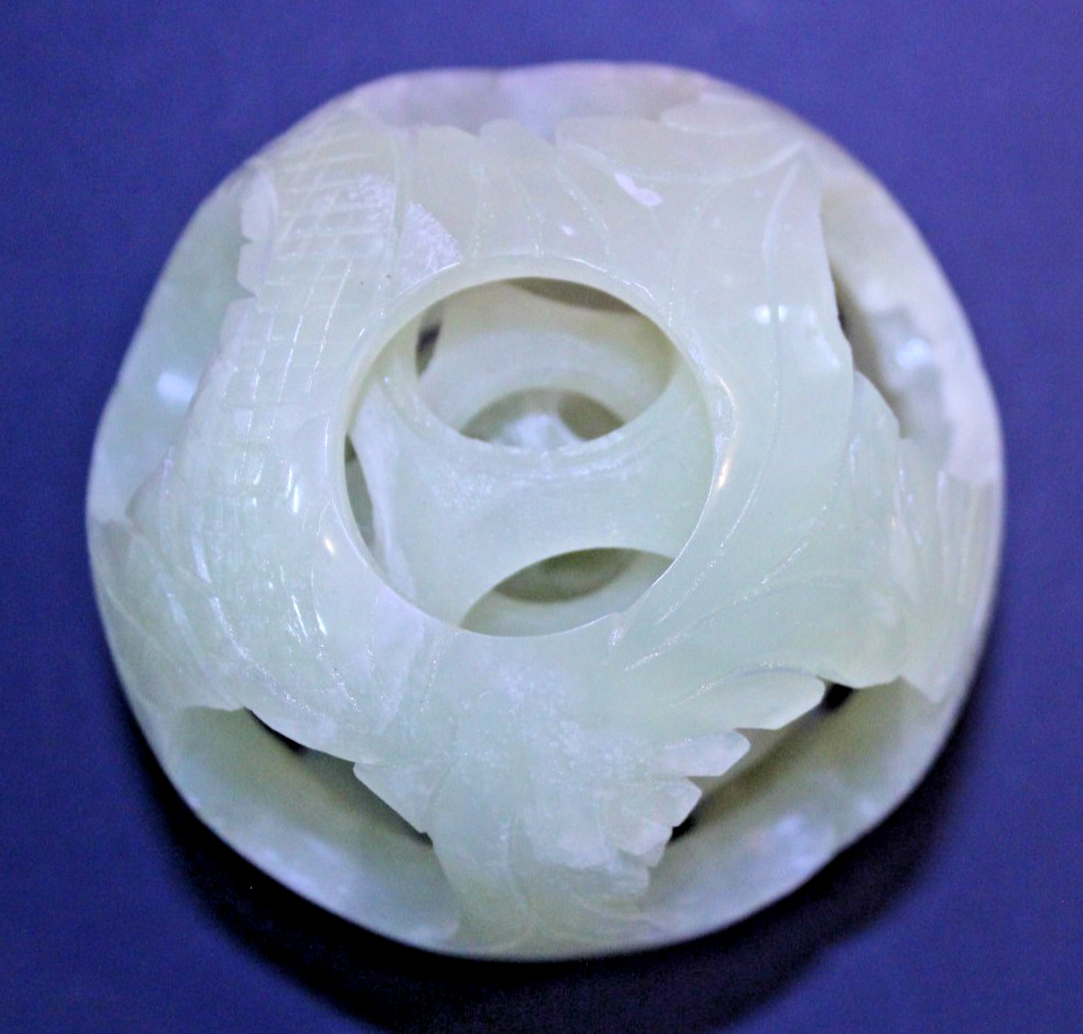 Vintage Chinese Hand Carved Jade Stone Puzzle Ball Sphere 3-Layer Sculpture 3″