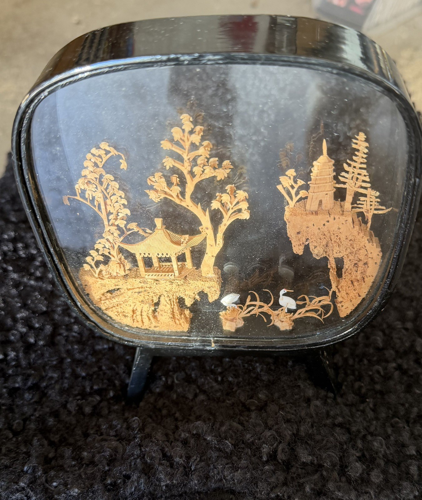 Vintage Chinese Carved Cork Diorama Art Black Lacquer Wood Glass Case Pagoda