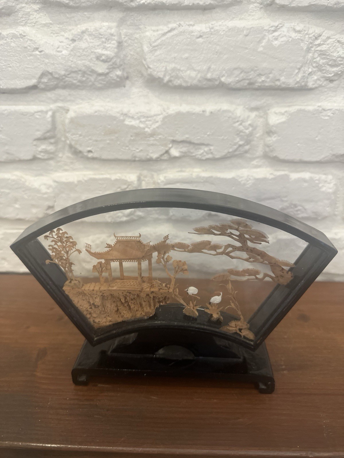 VINTAGE CHINESE SAN YOU DIORAMA CORK CARVING GLASS CASE PAGODA TREES & CRANES.