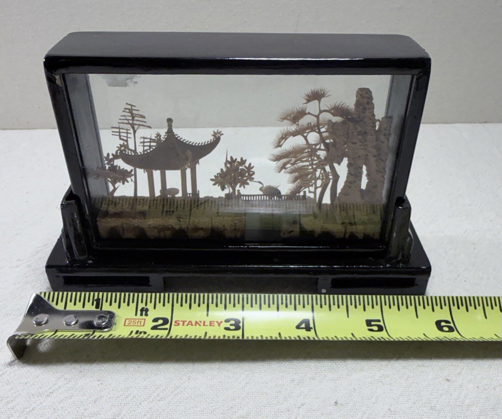 Vintage Chinese Cork Sculpture Diorama Pavilion Scene Black Lacquer Frame w/ Box