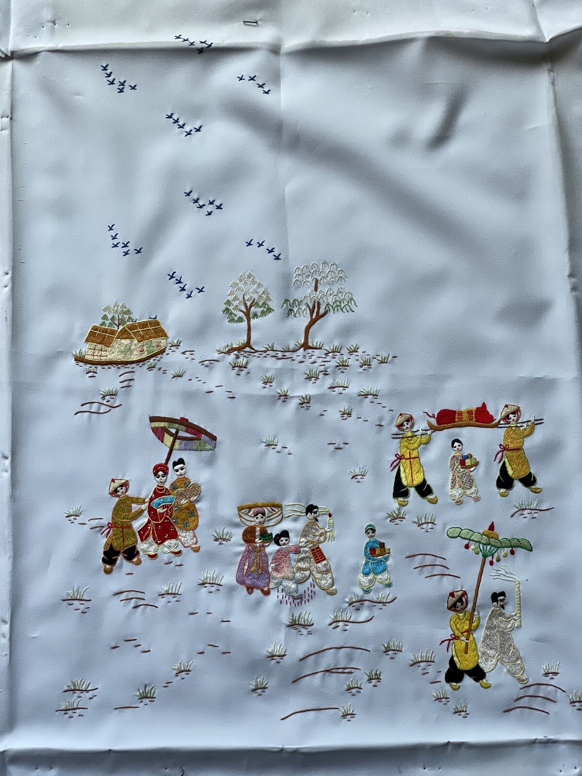 Asian Silk Hand Embroidered Cloth Village People Unframed Finished Needlepointed