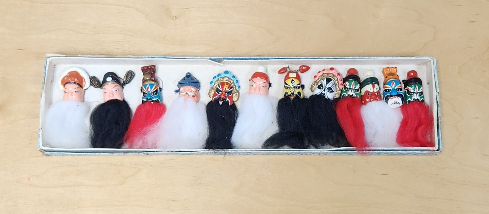Vintage Chinese Opera Miniature Finger Puppets Boxed Set 12 Hand Painted Lianpu