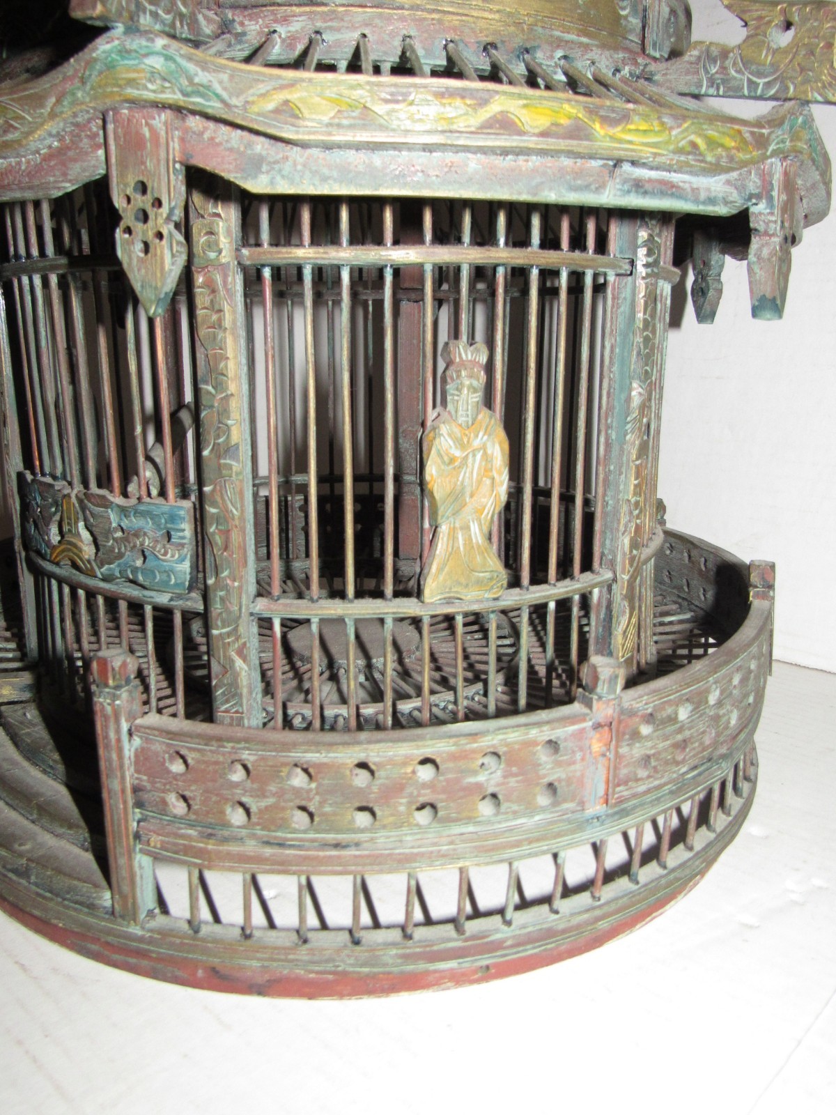 Vintage Chinese Wood Carved Pagoda Bird Cage, Oriental Geisha, Round