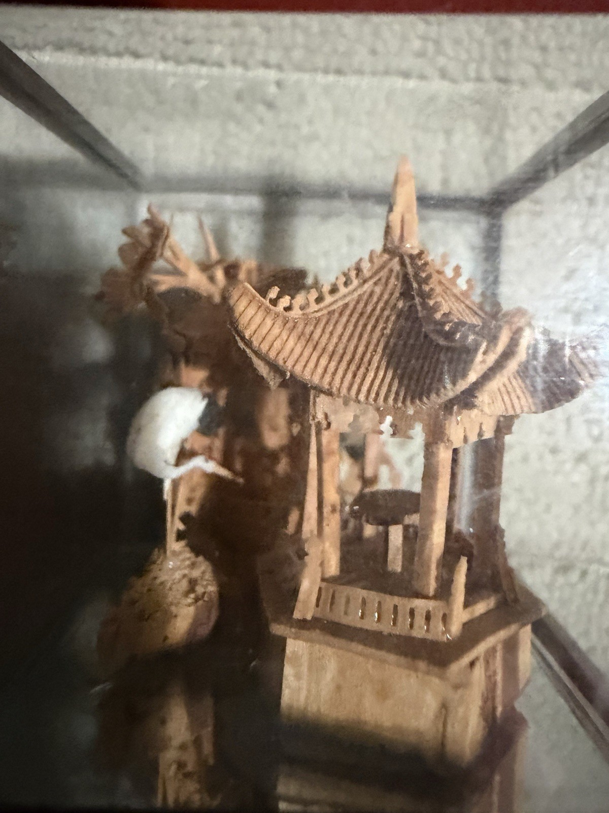 Vintage Chinese Mini Carved Cork Scene In Glass Case