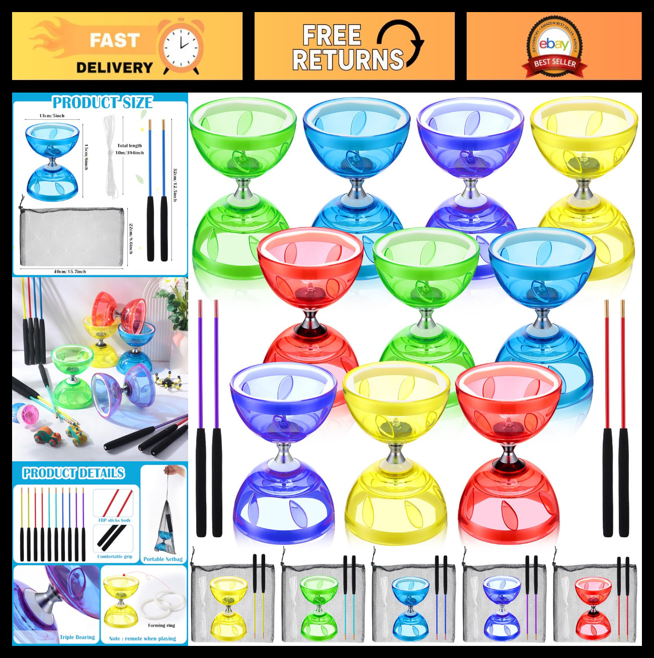 5 Set Chinese Diabolo Triple Bearing Yoyo 5” Multi-Color with Sticks & Bags