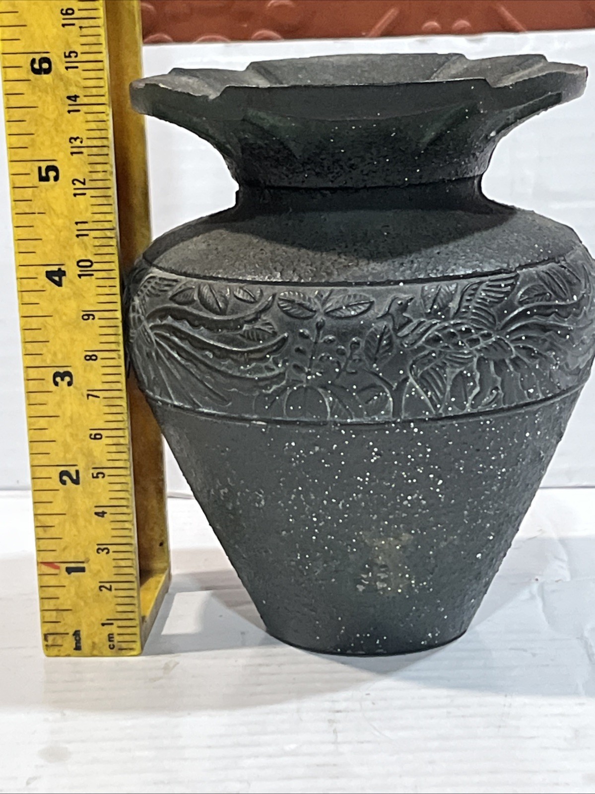 Chinese Stone Cast Vase Metal Decorated Design Iron? Asian Flowers Motif