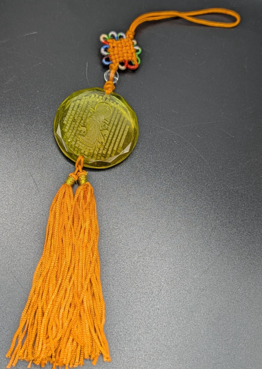 Reversed Carved Chinese Goddess Yellow Glass Tassel Hanging