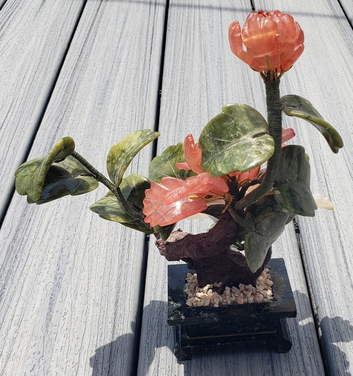 Vintage Stone Chinese Bonsai Tree (Jade Leaves, Pink Quartz Flowers, Jade Base)