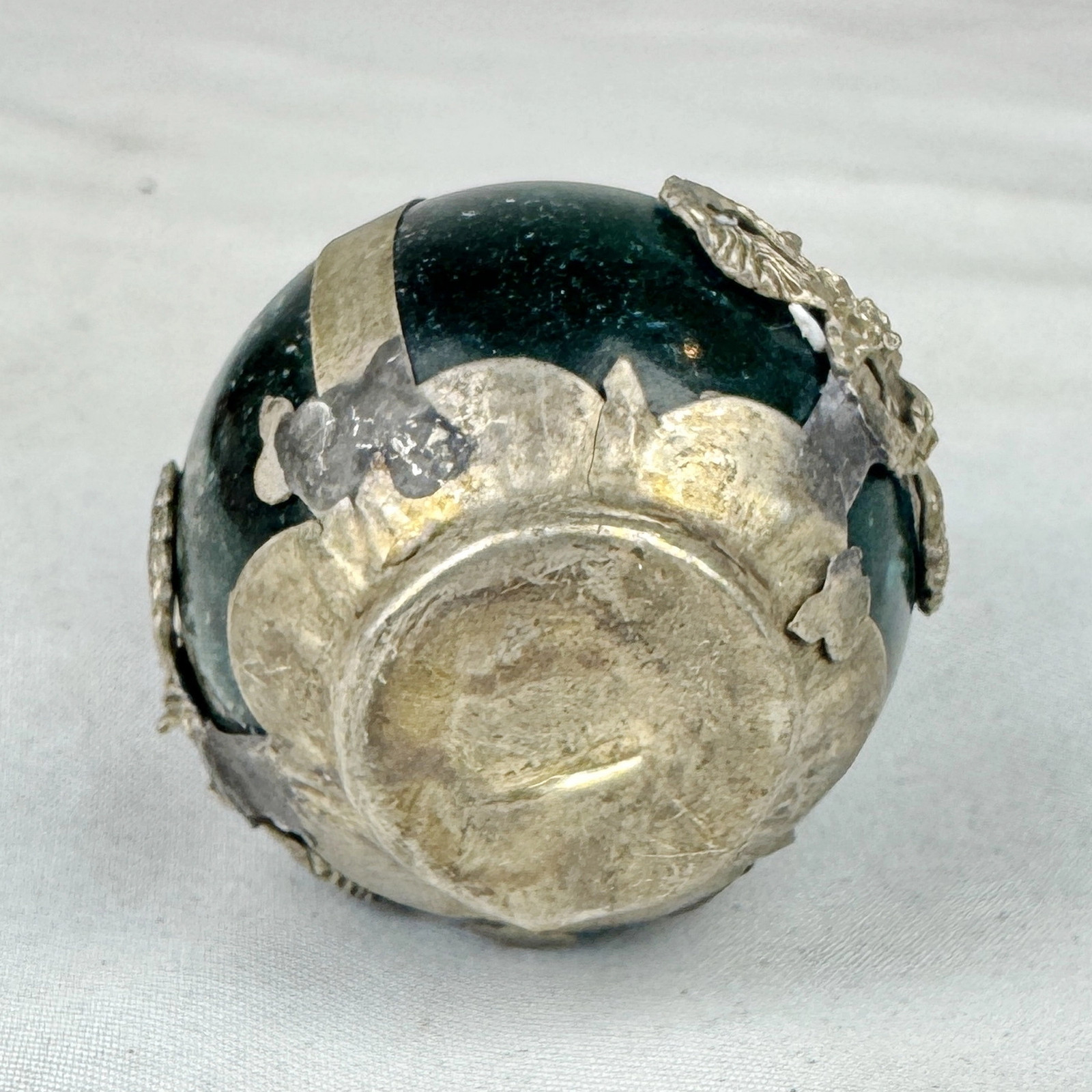 Vintage Chinese Zodiac DOG Green Marble Orb, Pewter/Tin Finial, Dragon Motif