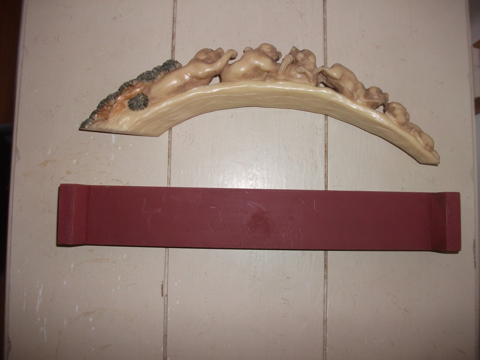 DOGS on Bridge / Arch on Wood Stand Base – Asian ? – Resin? Carved ? 10″ Long