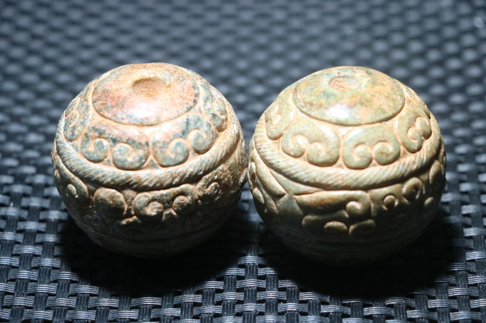 A Pair Exquisite Chinese Hetian Old JADE Linking Fortune Large Ball Sphere 40MMs