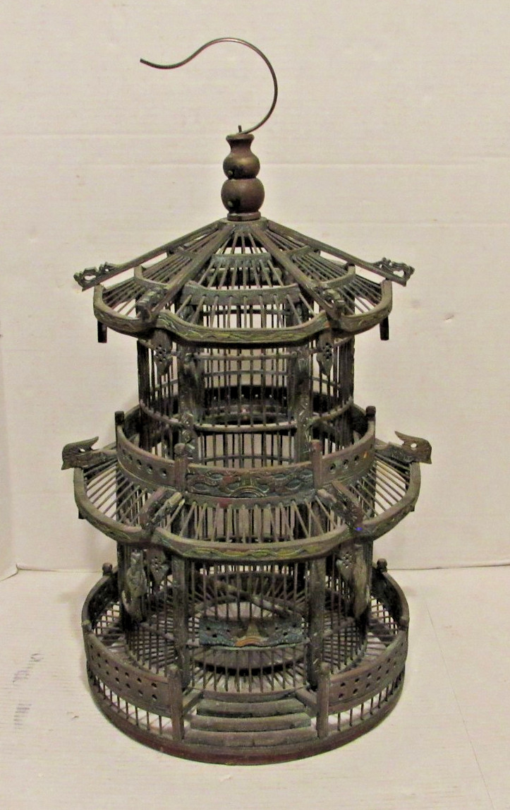 Vintage Chinese Wood Carved Pagoda Bird Cage, Oriental Geisha, Round
