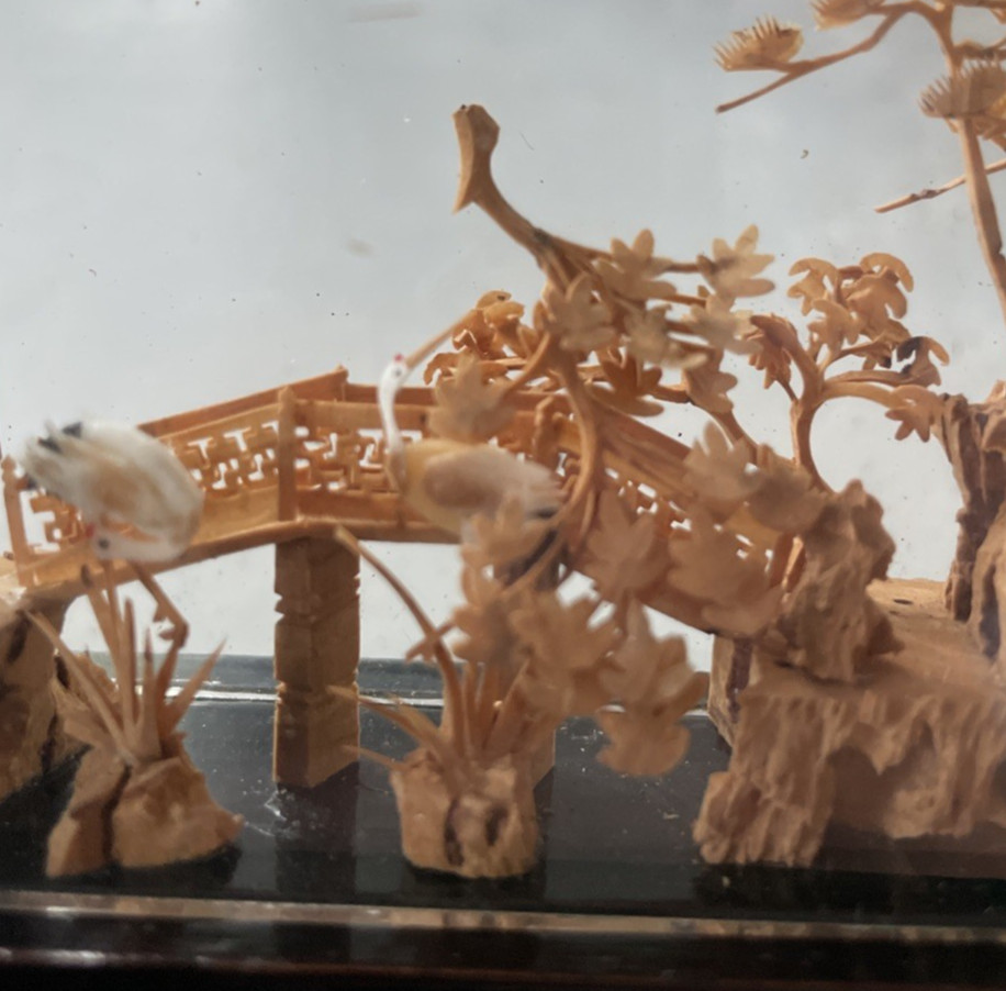 Vintage Chinese Cork Carving Diorama in Black Display Case Cranes Pagoda Trees