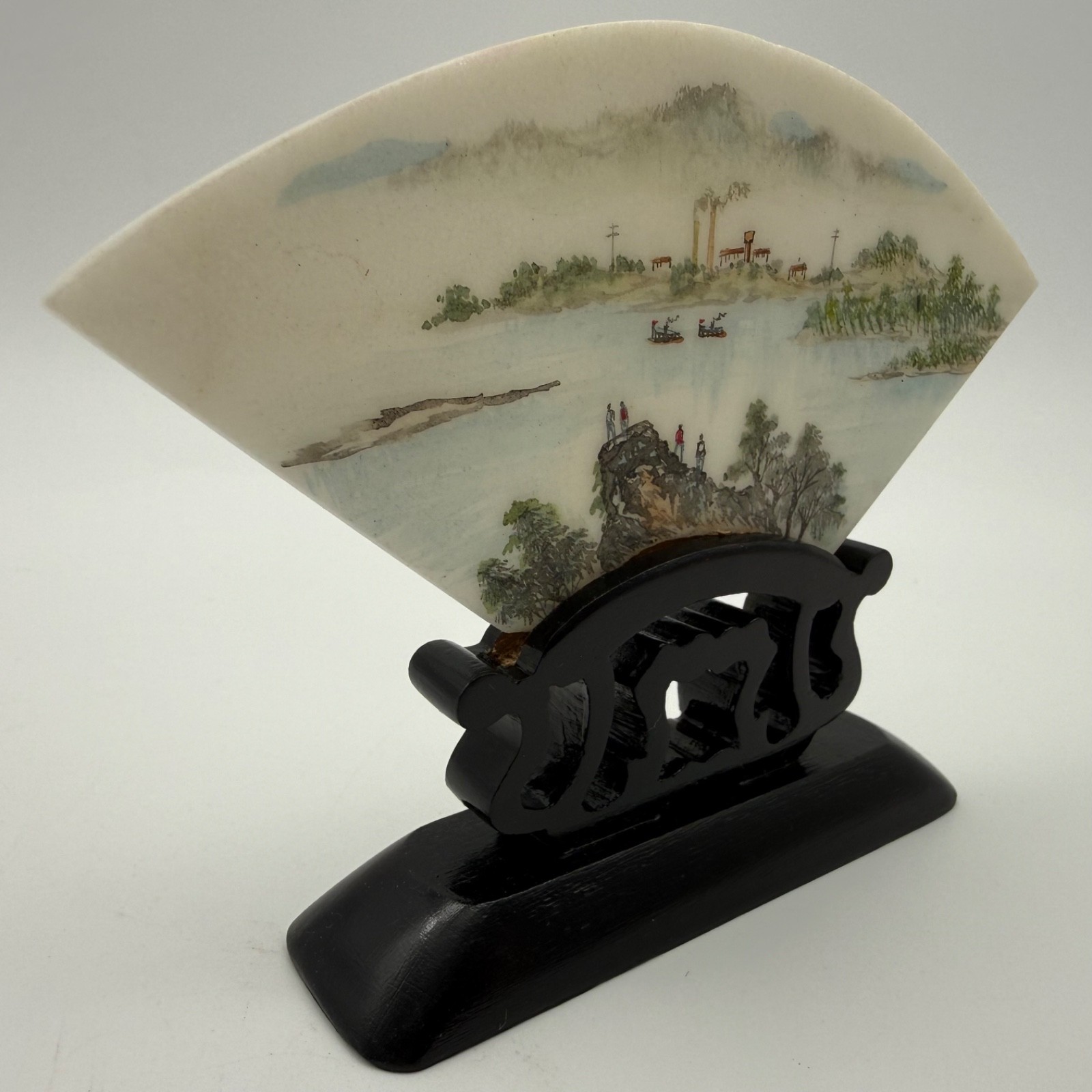 Vintage Chinese Hand Painted Marble Plaque Fan Shaped Landscape Wood Stand