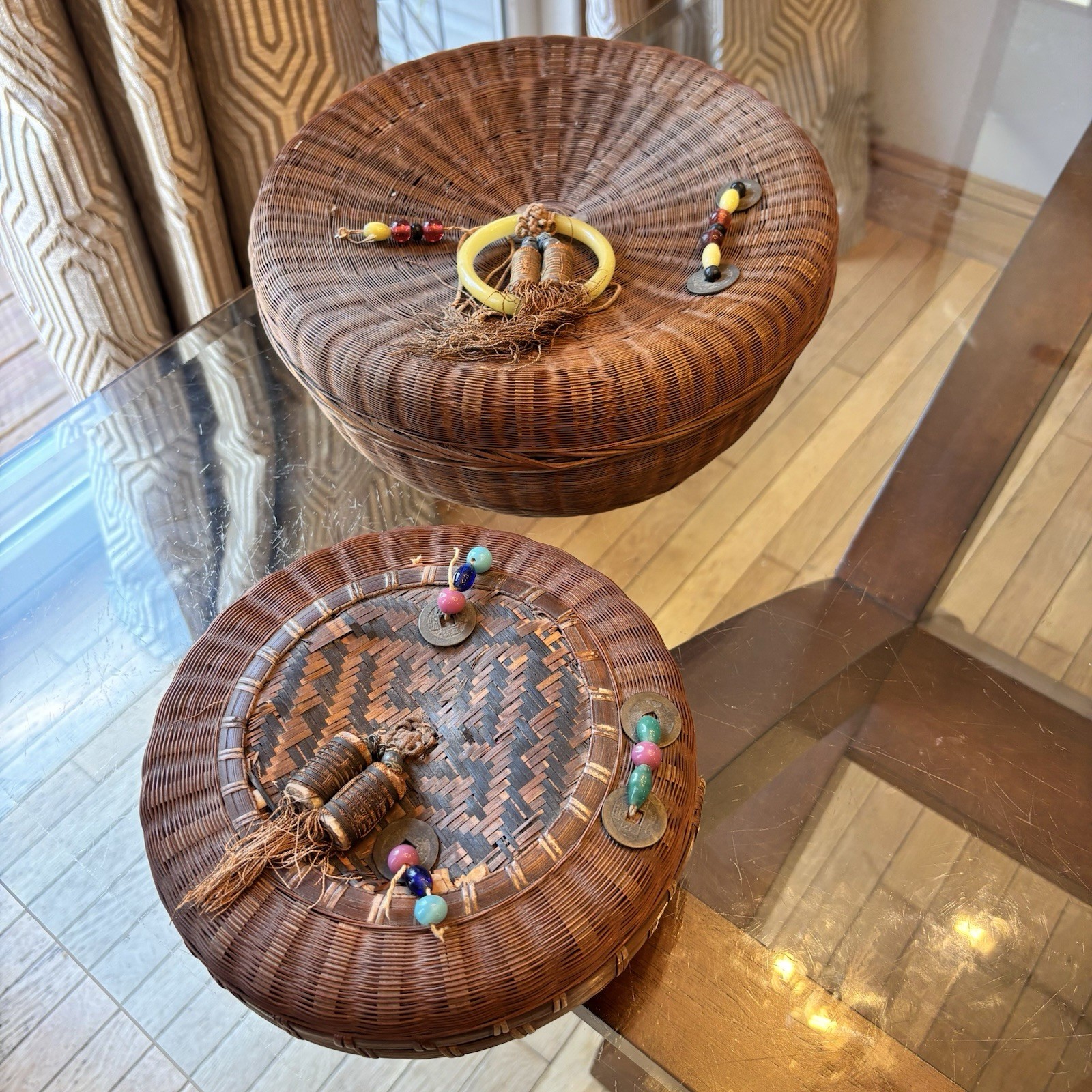 Set of Chinese Qing Dynasty Pine Needle Baskets Coins & Glass Beads FLAW