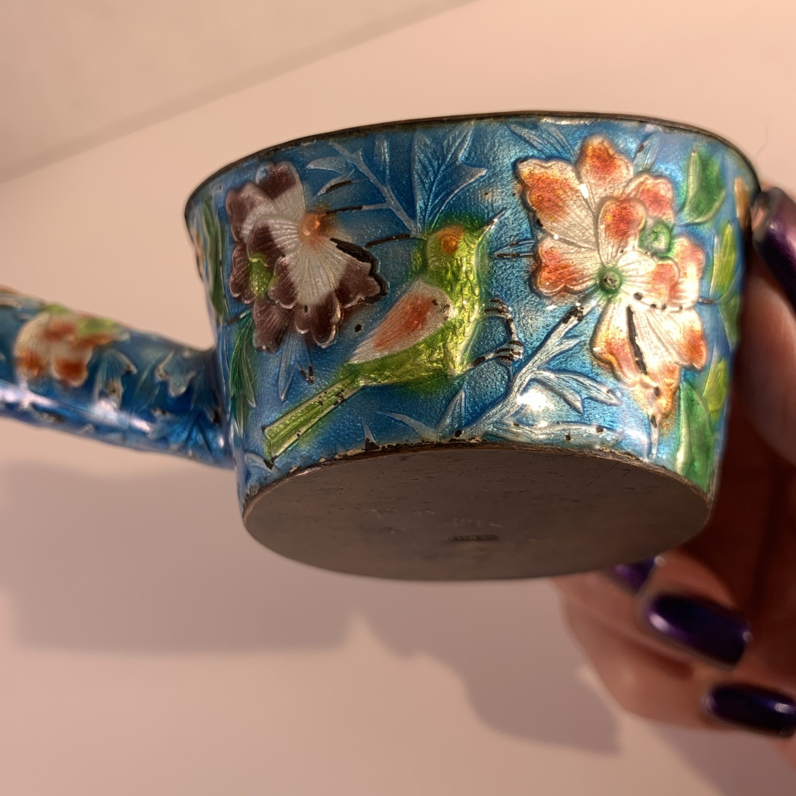 Antique Chinese Cloisonné Silk Iron Turquoise Bird Floral Dipper Scoop Qing Dyn