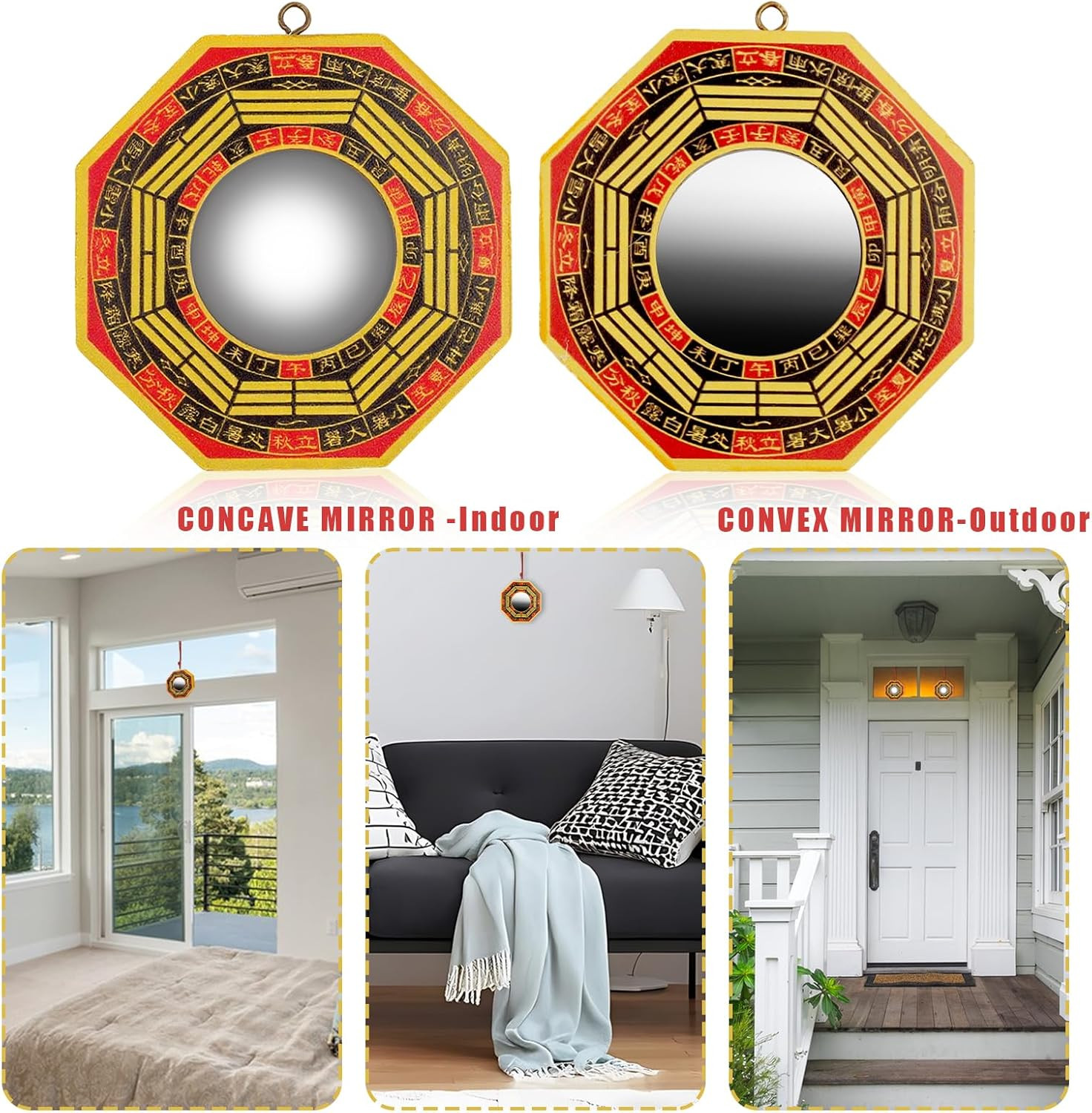 3 PCS Traditional Chinese Bagua Mirror Set – 4 Inch Concave & Convex Feng Shui M