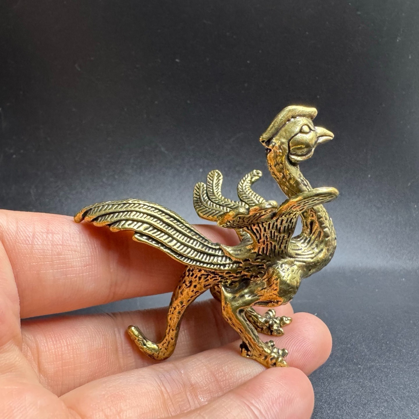 Vintage Solid Brass Phoenix Mini Figurine Chinese Feng Shui Auspicious Bird Desk