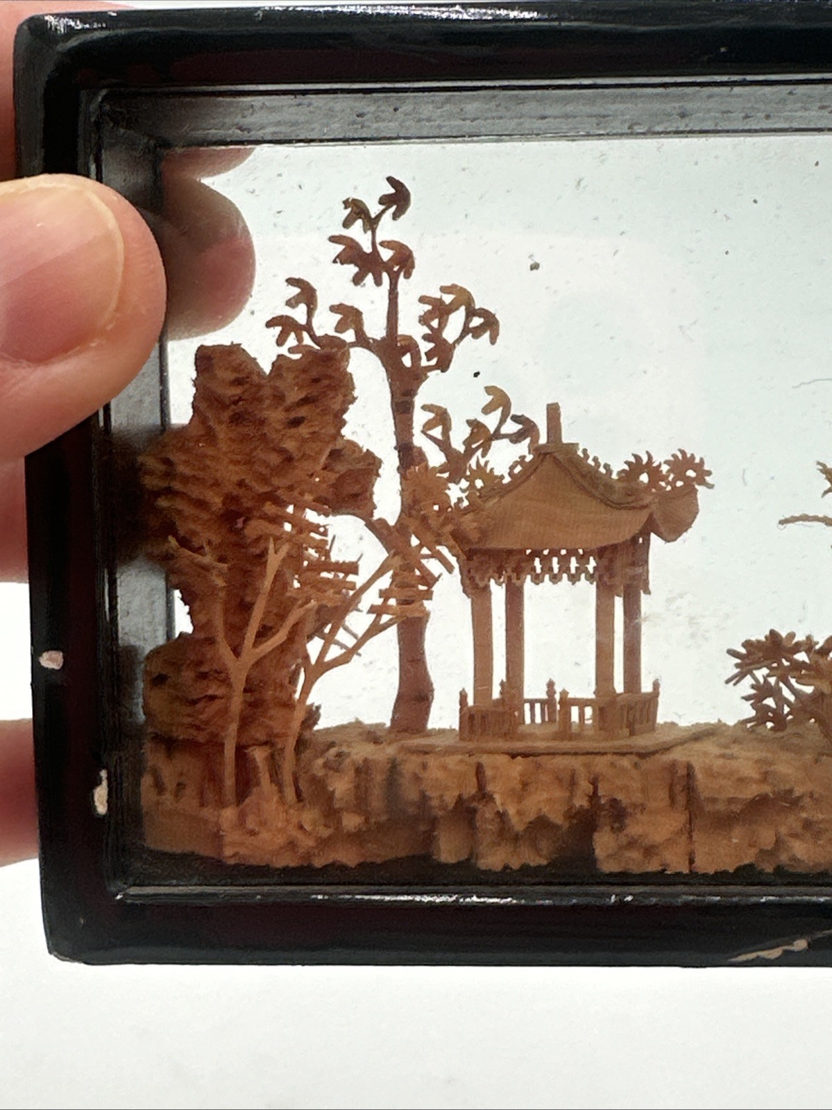Vintage Chinese Cork Art Shadow Box Pagoda Cranes Scenic Diorama Framed C Detail