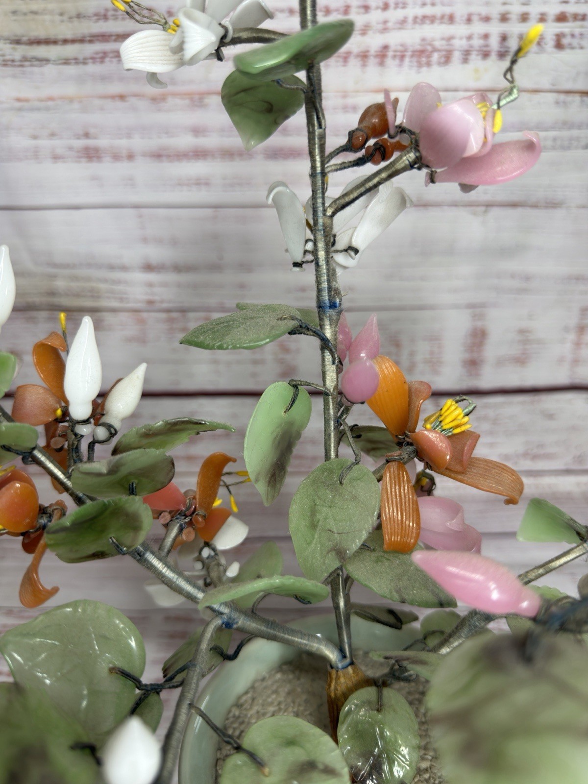 Vintage Japanese Chinese Asian Jade Glass Flowering Bonsai Tree 16”x12” Wide