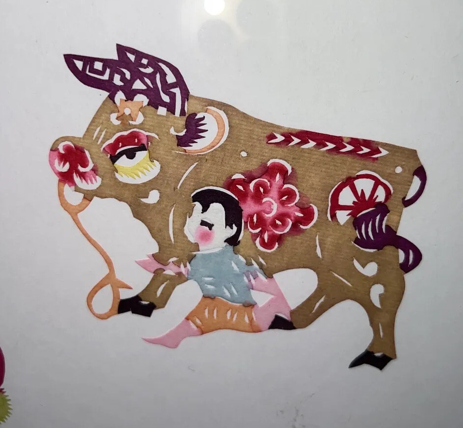 Chinese Paper Cutouts Boy and Cows
