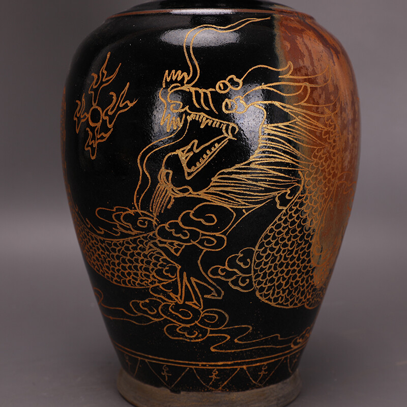 12.1″ Chinese Song Porcelain Jun Kiln Black Glaze Gild Animal Dragon Gourd Vase